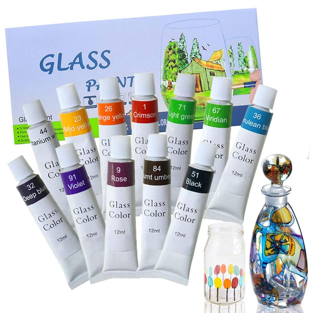 Happlee Stained Glass Paint Non Toxic Porcelain Paint Permanent Acrylic Enamel Paint Translucent Glass Painting Kit for Wine Window Ceramic, 12 color x 0.4 fl.oz