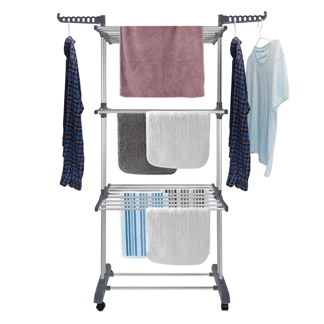 BigzziaClothes Drying Rack Folding Drying Rack Clothing 4 Tier Clothes Horses Rack Stainless Steel Laundry Drying Rack with Two Side Wings Grey