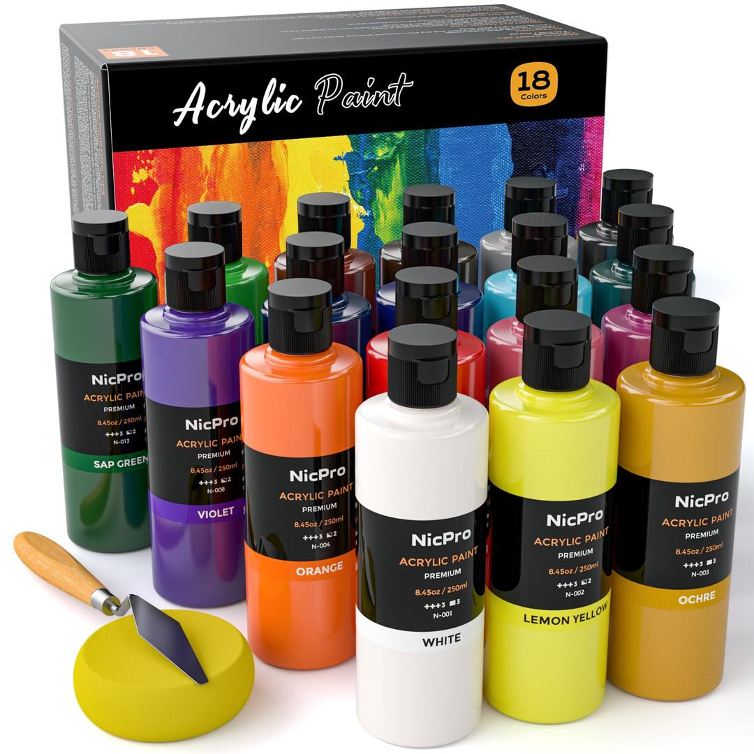 Nicpro18 Colors Large Acrylic Paint Set, 8.45 fl oz./ 250 ml Artist Painting Supplies Bulk Non-Toxic For Multi Surface Canvas, Wood, Fabric, Leather, Cardboard, Paper, Crafts, Hobby with Color Wheel