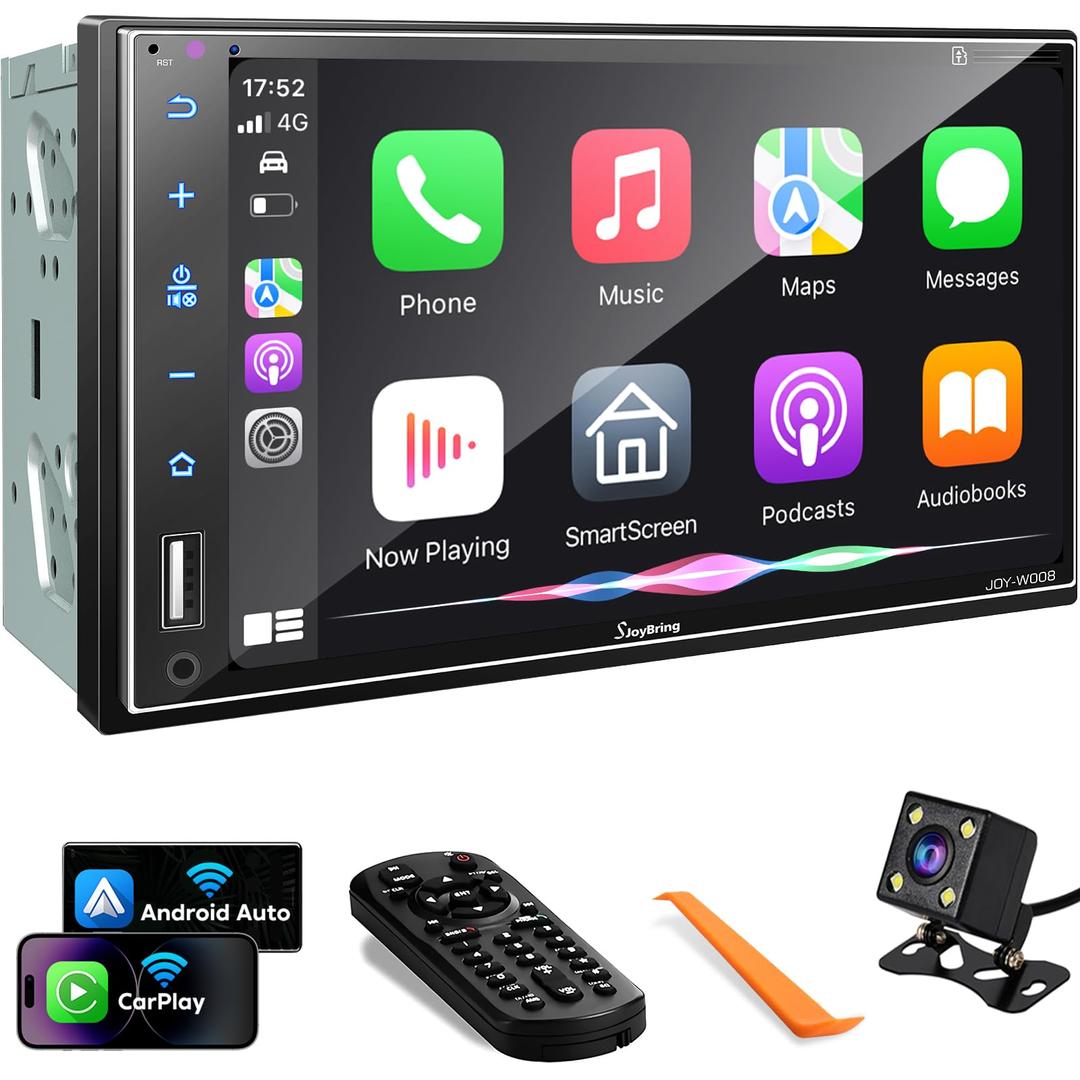 SJoyBring Upgrade Wireless Double Din Car Stereo with Apple CarPlay, Android Auto, Bluetooth, 4-Channel RCA, 2 Subwoofer Ports, 60W*4 High Power, 7" HD Touchscreen Car Radio Receiver, Backup Camera