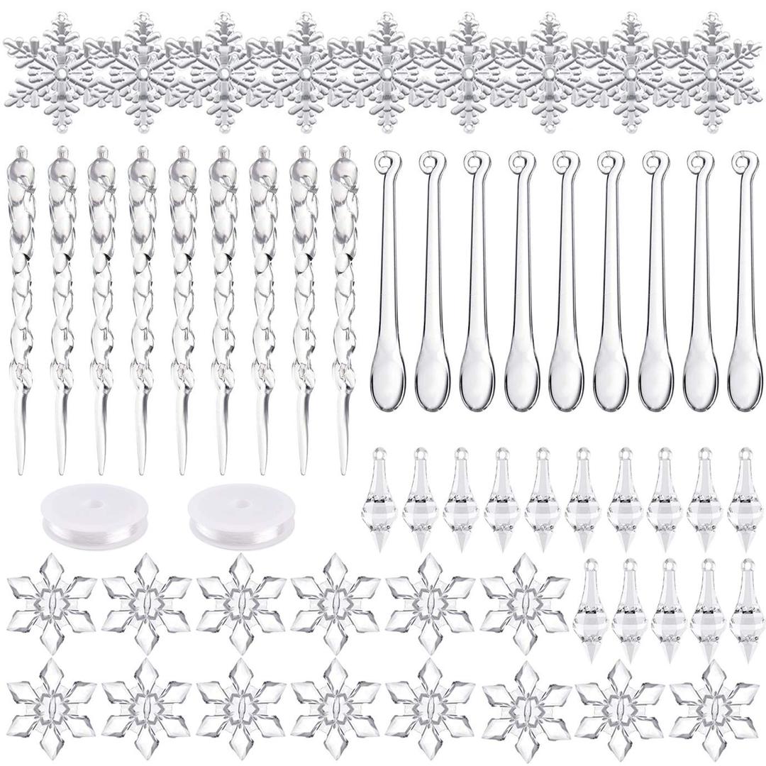 WXJ13 57 Pieces Christmas Decoration Crystal Icicles Snowflake Hanging Icicles Christmas Icicle Snowflake with 30 Meters Acrylic Line Ornaments Set for Christmas Tree Decorations