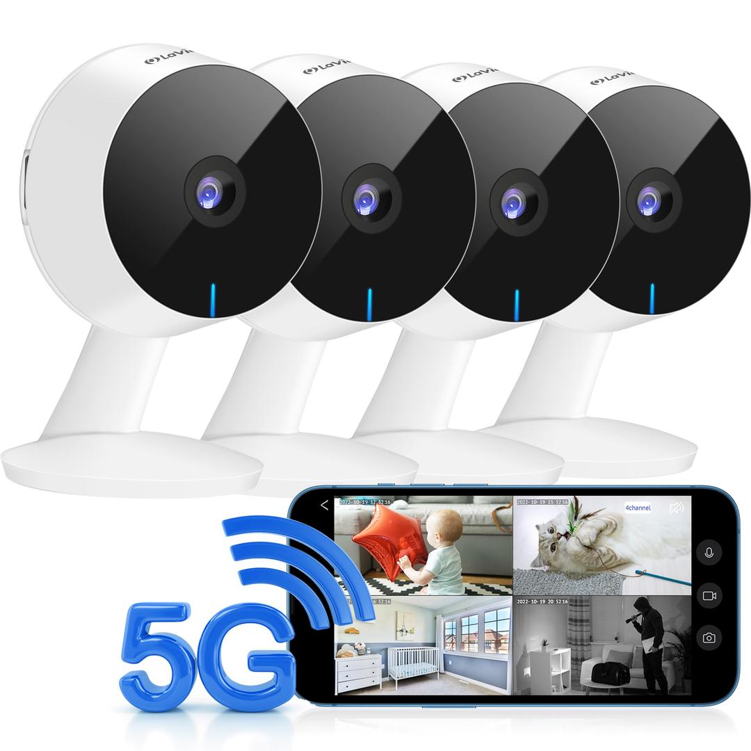 LaView5G& 2.4GHz Security Cameras 4pcs, Home Security Camera Indoor 1080P, Wi-Fi Cameras Wired for Pet, Motion Detection, Two-Way Audio, Night Vision, Works with Alexa, iOS & Android & Web Access