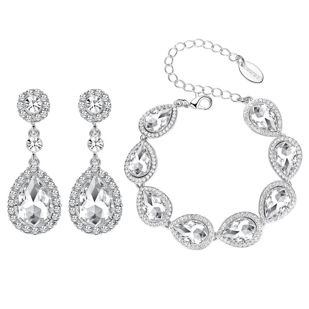 mecreshFlower Teardrop Clear Austrian Crystal Jewelry Sets for Women or Bridesmaids 2022 Fashion Jewelry(1 Set Earring,1PCS Bracelet)