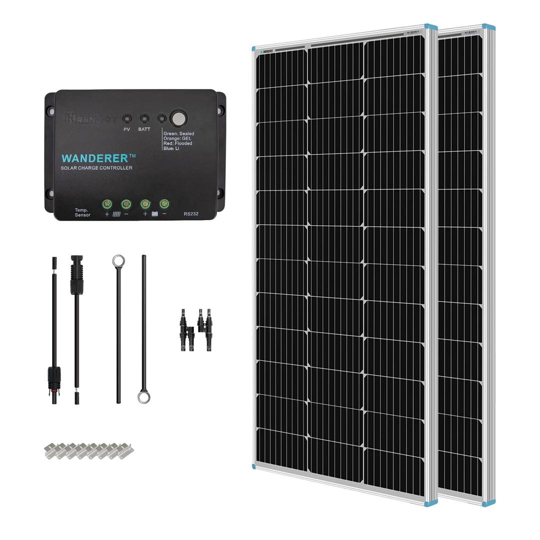 Renogy 200W Solar Panel Kit 12V Solar Off-grid System for Houses, Campervan: 2 PCS 100W Solar Panel+30A Charge Controller+20FT 10AWG Solar Cable+8FT 10AWG Tray Cable+Z Brackets+Branch Connector