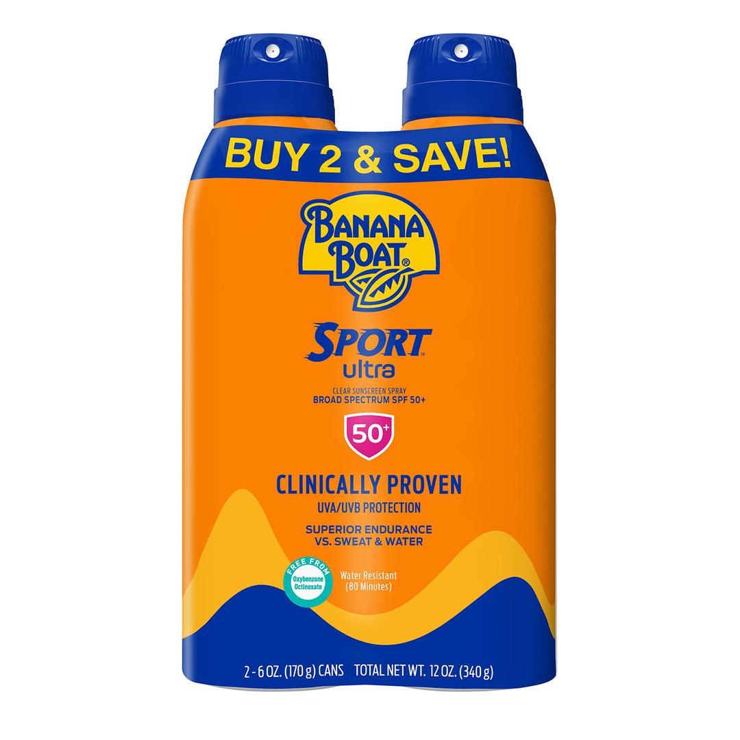 Banana Boat Sport Ultra SPF 50 Sunscreen Spray Twin Pack | Banana Boat Sunscreen Spray SPF 50, Spray On Sunscreen, Water Resistant Sunscreen, Oxybenzone Free Sunscreen Pack, 6oz each