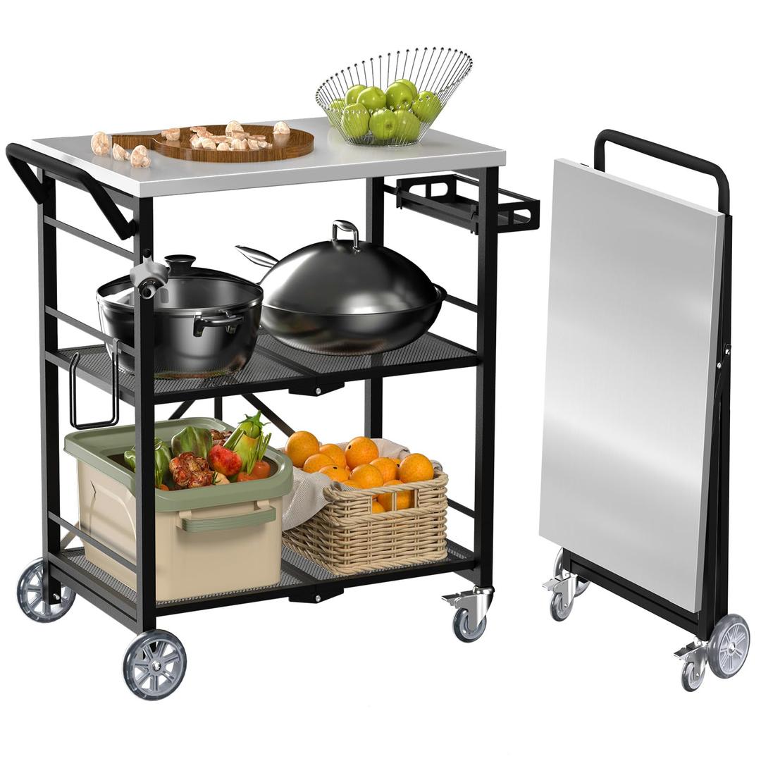 Dining Cart Table with Double-Shelf, Movable Stainless Steel Flattop Grill Cart（Black）