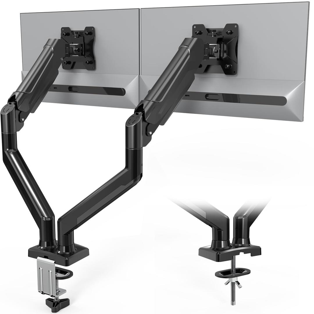 BONTECDual Monitor Stand, Adjustable Gas Spring Monitor Desk Mount for 13-32 Inch Screens, Full Motion VESA Mount with C Clamp, Grommet Base, Tilt, Swivel, Rotation, Each Arm Holds 6.6 to 19.8lbs