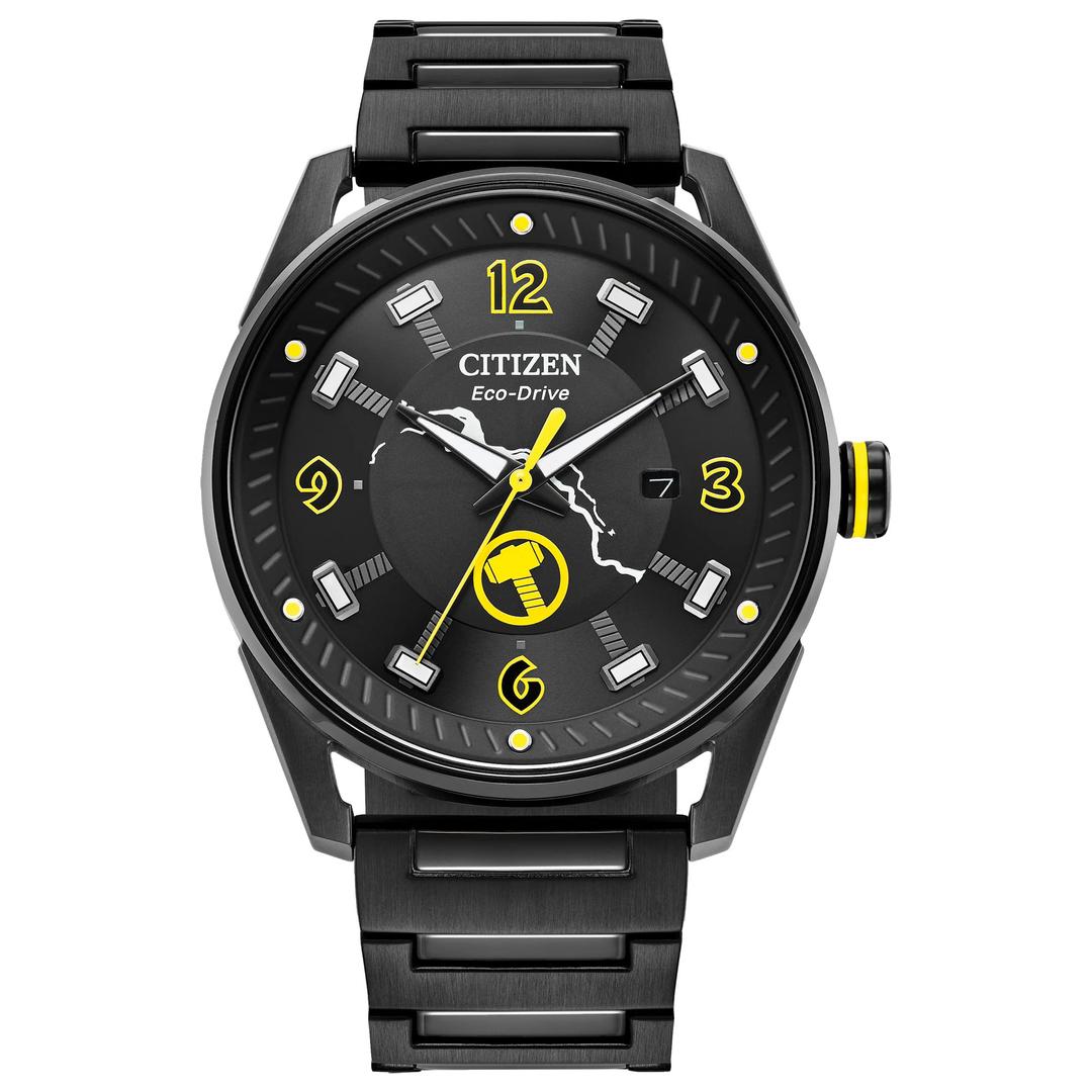 Citizen Eco-Drive Men's Marvel Thor "Find Your Power" Black IP Stainless Steel, 3-Hand Date, Luminous, 42mm (Model: BM6987-50W)