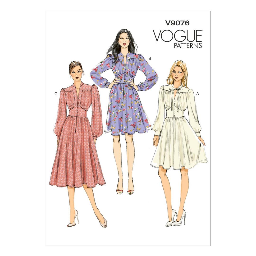 Vogue Patterns V9076 E5 Misses' Gathered Dress with Bishop Sleeves Sewing Pattern, Size 14-22 (9076)