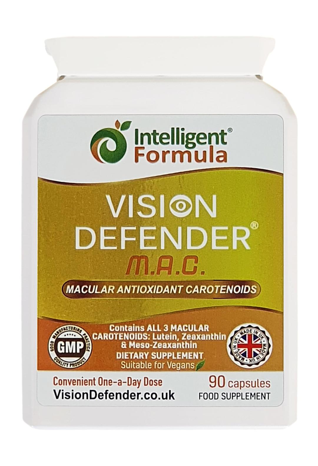 Vision Defender Lutein, Zeaxanthin & Meso-Zeaxanthin Eye Supplement MAC Vegan/Vegetarian Antioxidant Carotenoids for Eyes (90 Capsules/One Capsule Daily) Made in UK