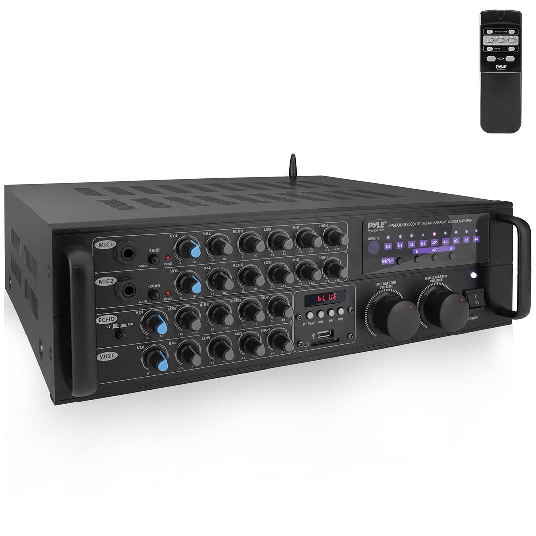 Pyle Dual Channel Bluetooth Mixing Amplifier - 2000W Rack Mount Karaoke Sound Mixer Audio Home Stereo Receiver Box System w/ RCA, USB, AUX - For Speaker, PA, Home Theater, Studio/Stage PMXAKB2000