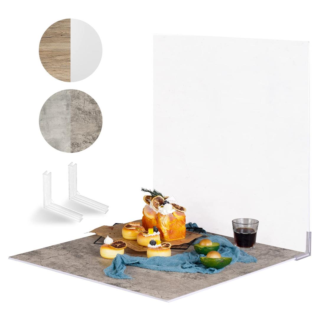 Goshoot 2x2ft Photo Backdrop Boards Kit, 2 in 1 Flat Lay Background Board for Food Product Photography Tabletop Props Realistic Surface Cement & Wood Texture -2Pack 4Graph 1