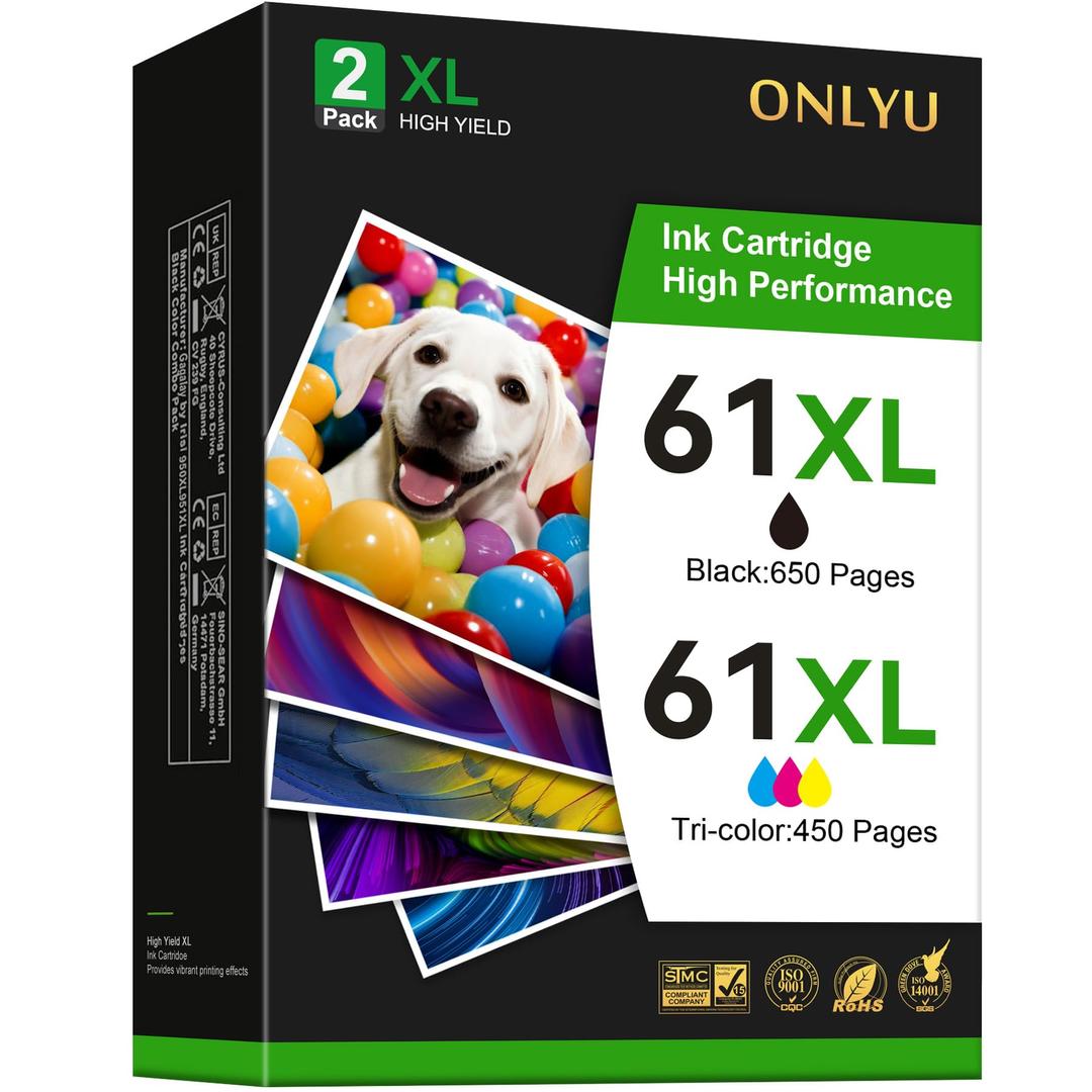 ONLYU61XL Remanufactured Ink Cartridges Replacement for HP 61 Ink Cartridge Combo Pack Compatible for HP Envy 4500 4502 5530 5534 Officejet 4630 4635 Deskjet 1000 1010 1056 1510(1 Black,1 Tri-Color)