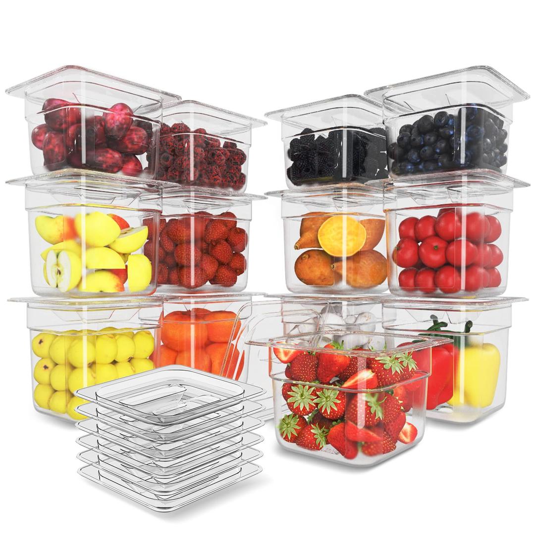 12 Pack Plastic Food Pan with Lid 1/6 Size 6 Inch Deep Restaurant Clear Food Storage Containers Polycarbonate Commercial Hotel Pans for Fruits Vegetables Beans Corns (12 PCS, 6'' Deep)