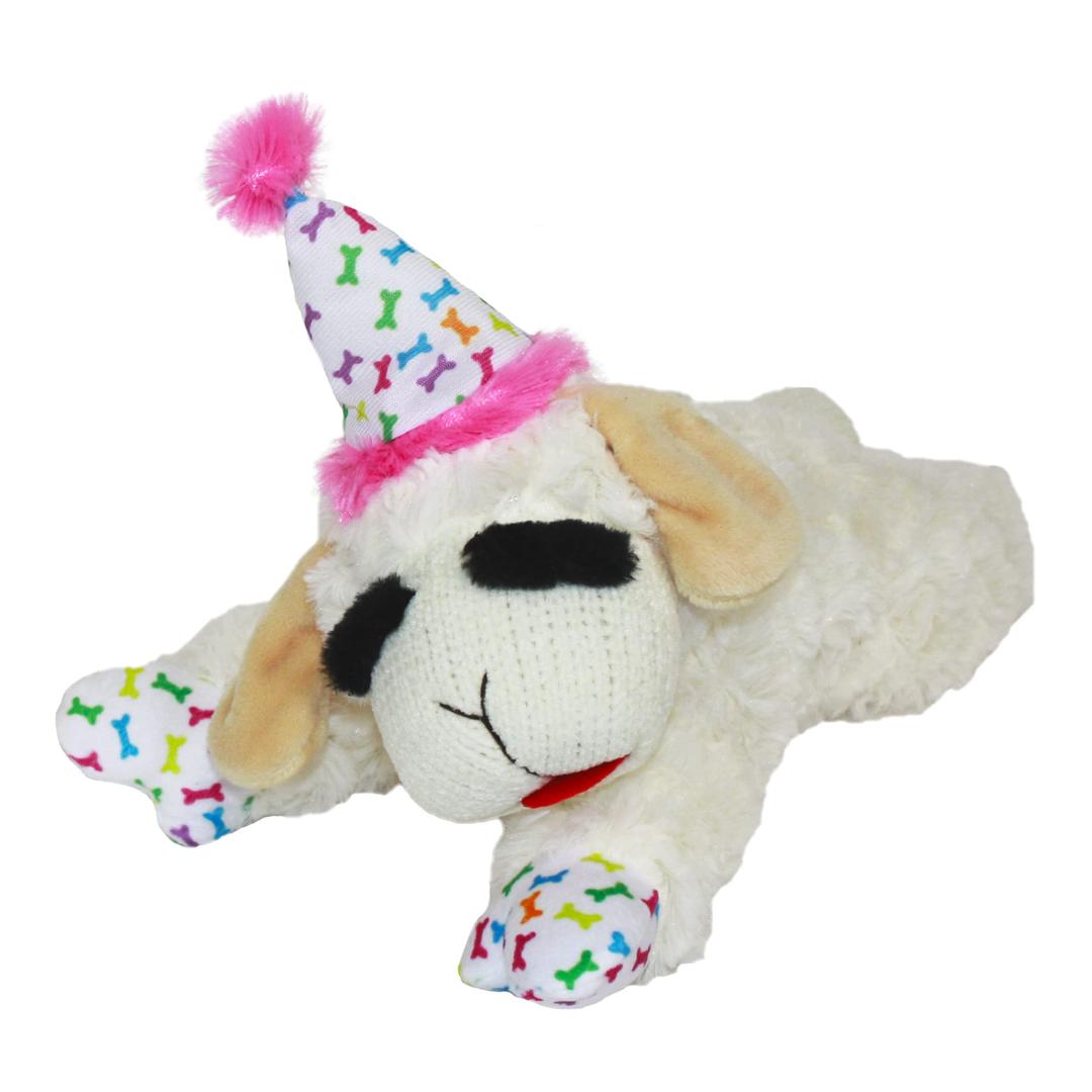 Multipet Lamb Chop Dog Plush Toy w/Birthday Hat - Squeaky Dog Toy for All Dogs - Soft Plush Dog Toy - Stuffed Animal Dog Toy for Playing - Cute Dog Birthday Toy (10.5”, Pink Hat, 5 Squeakers)