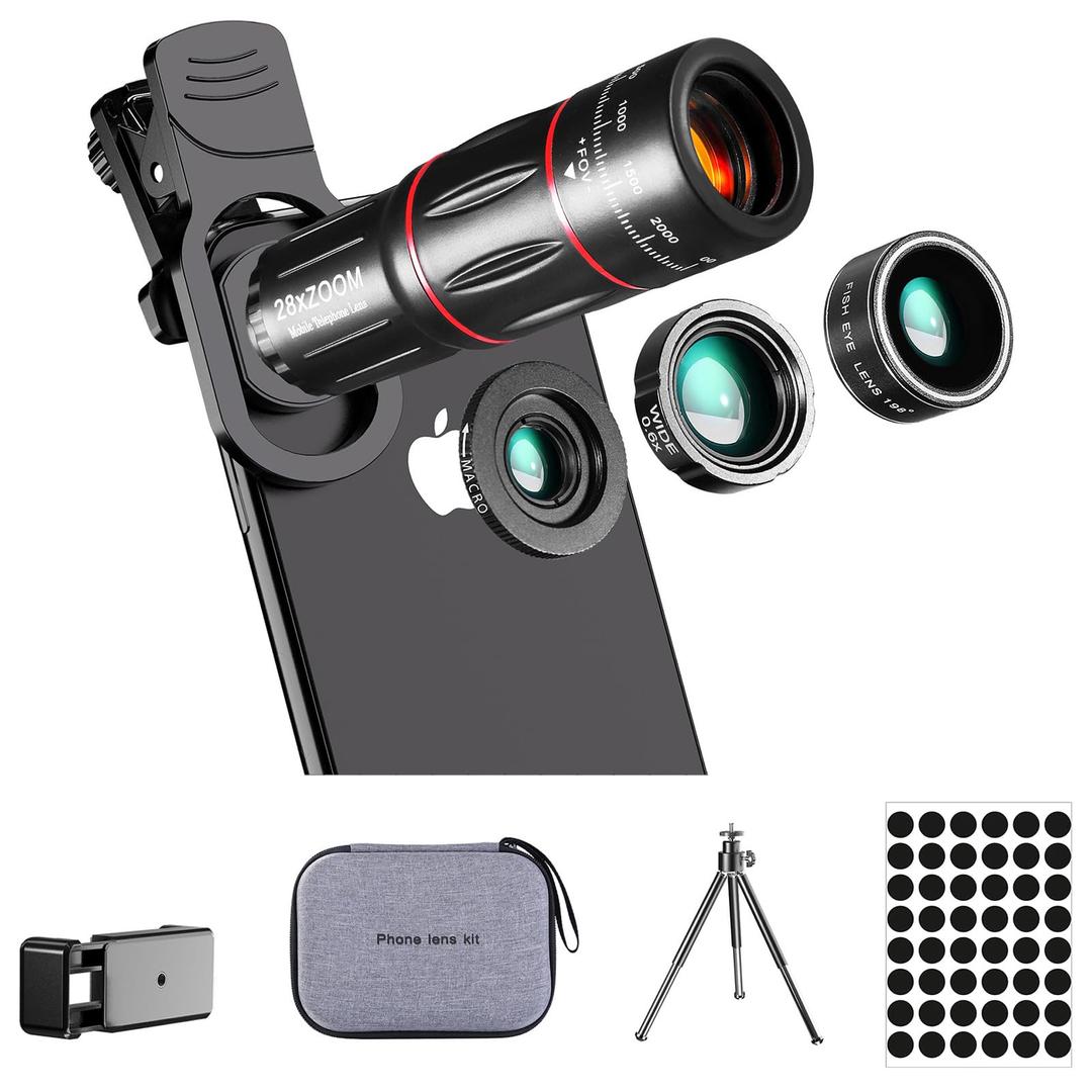 Phone Camera Lens Kit Upgraded Version Telephoto 28X Wide Angle 0.6X Macro 20X Fisheye 198° Make Your Photos Clearer and More Professiona