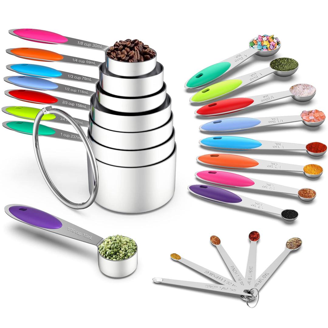 Measuring Cups & Spoons Set of 21 - Wildone Stainless Steel Measuring Cups and Spoons with Colored Silicone Handle, 8 Nesting Metal Cups, 8 Spoons & 5 Mini Spoons, for Dry and Liquid Ingredient