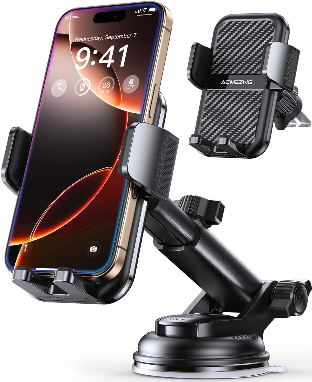 3-in-1 Car Phone Holder [122+LBS Strongest Suction & Stable Clamp Arm] 360° Adjustable Car Phone Mount, Cell Phone Holders for Your Car for Dashboard Windshield Vent, All Smartphones & All Car Models