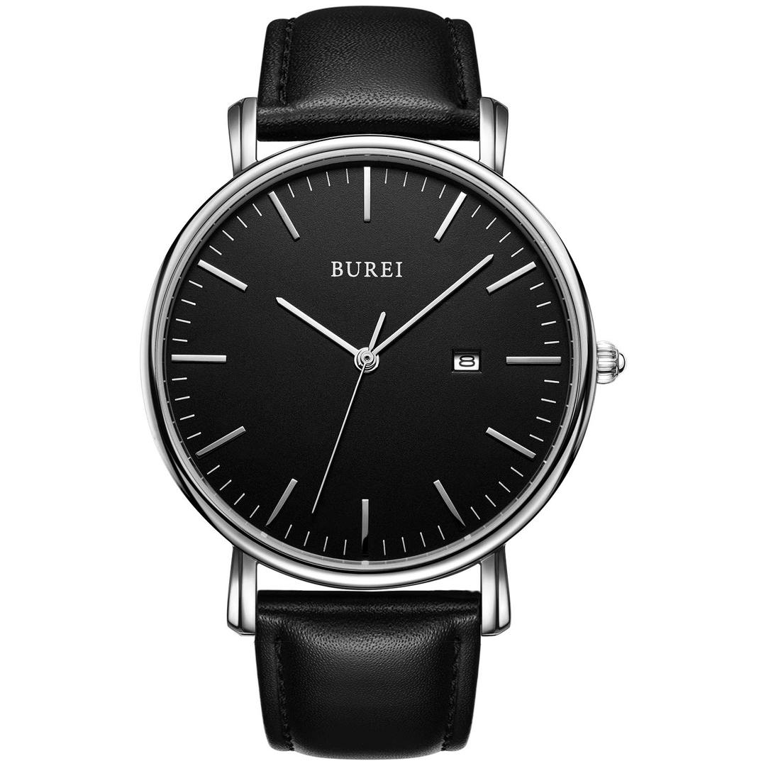 BUREI Men's Fashion Minimalist Wrist Watch Waterproof Watches Simple Ultra Thin Watches Analog Quartz Date with Brown Black Leather Strap