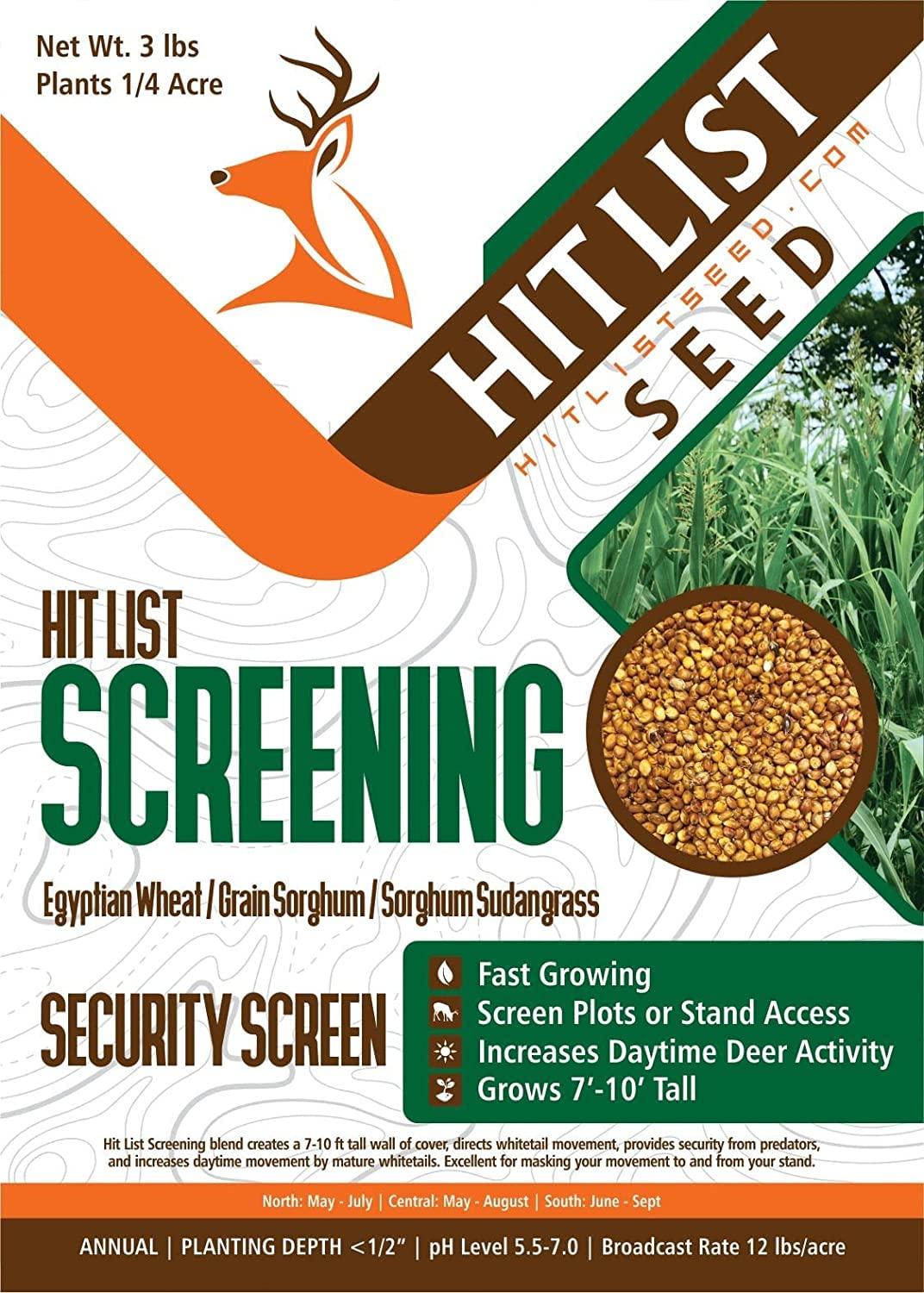 Screening Blend Food Plot Mix, 3 lbs (1/4 Acre) - Grows Tall & Quick, Directs Movement of Whitetail, Provides Security, Conceals Access, Egyptian Wheat, Grain Sorghum, Sorghum Sudangrass