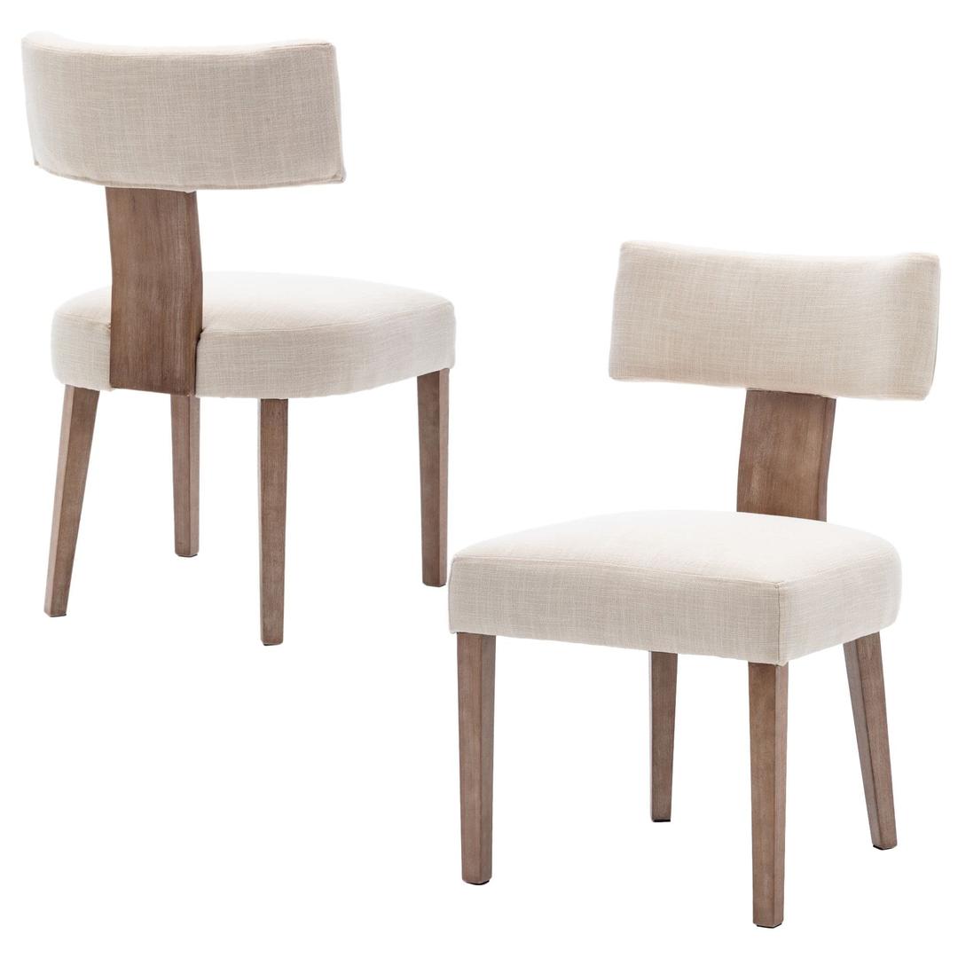 Modern Dining Chairs Set of 2, Comfy Upholstered Side Chairs with Wood Legs, Linen Fabric Dining Chairs with Curved Wingback for Living Room Bedroom, Beige