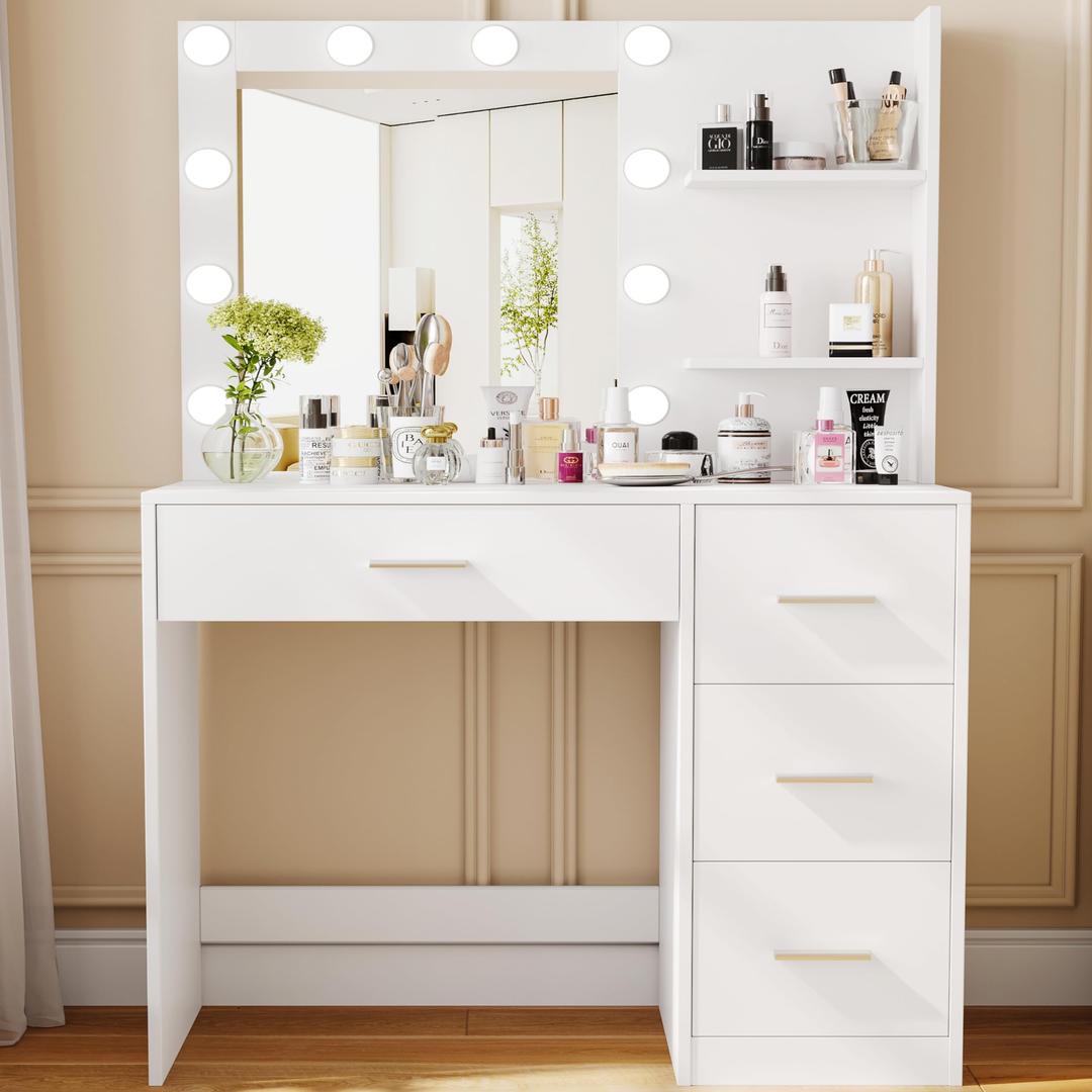 Rovaurx Makeup Vanity Table with Lighted Mirror, Makeup Vanity Desk with Storage Shelf and 4 Drawers, Bedroom Dressing Table, 10 LED Lights, White