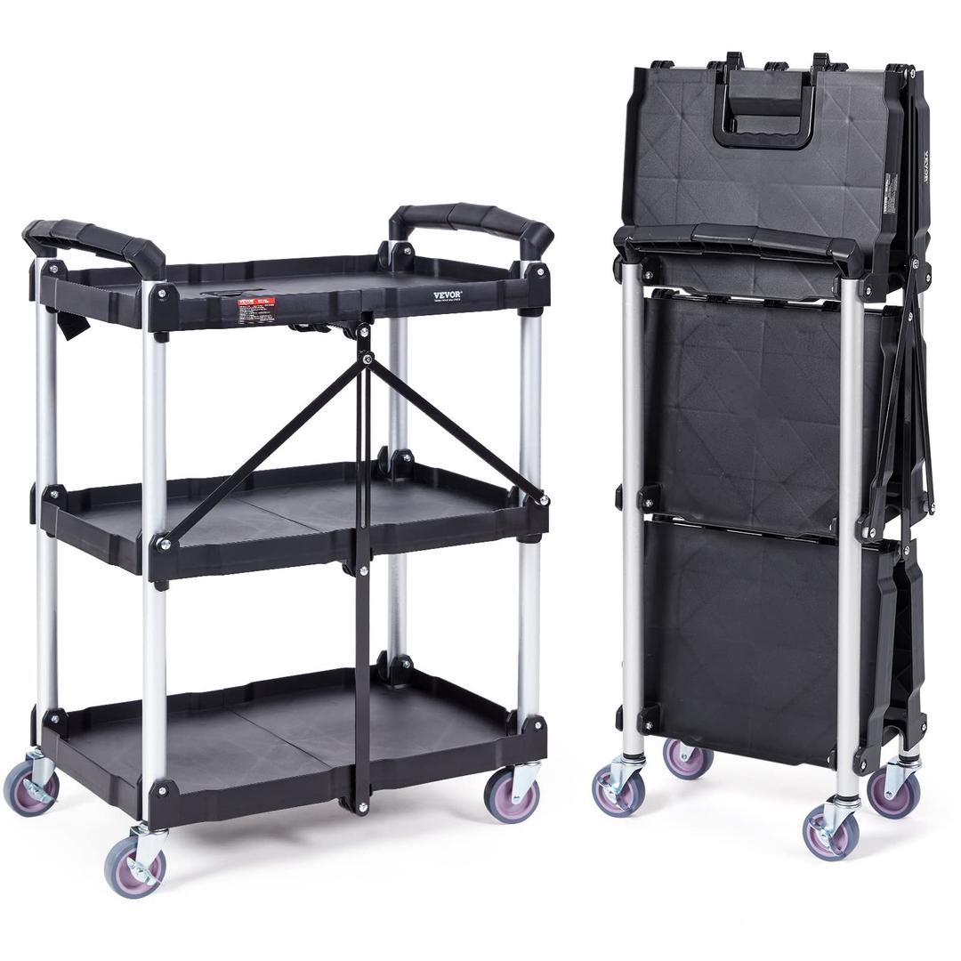 VEVOR Foldable Utility Service Cart, 3 Shelf 165LBS Heavy Duty Plastic Rolling Cart with 360° Swivel Wheels (2 with Brakes), Ergonomic Handle, Portable Garage Tool Cart for Warehouse Office Home