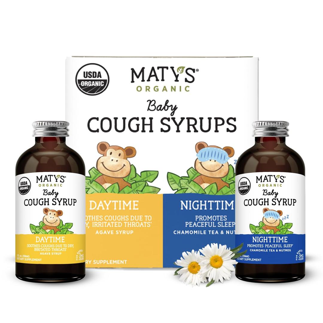 Matys Organic Baby Cough Syrup Day & Night Value Pack For Babies & Infants 3 Months + Up, Soothing Daytime & Nighttime Cough Relief, Made with Agave Syrup, Melatonin & Dye Free, 2 Pack, 2 Fl Oz Each