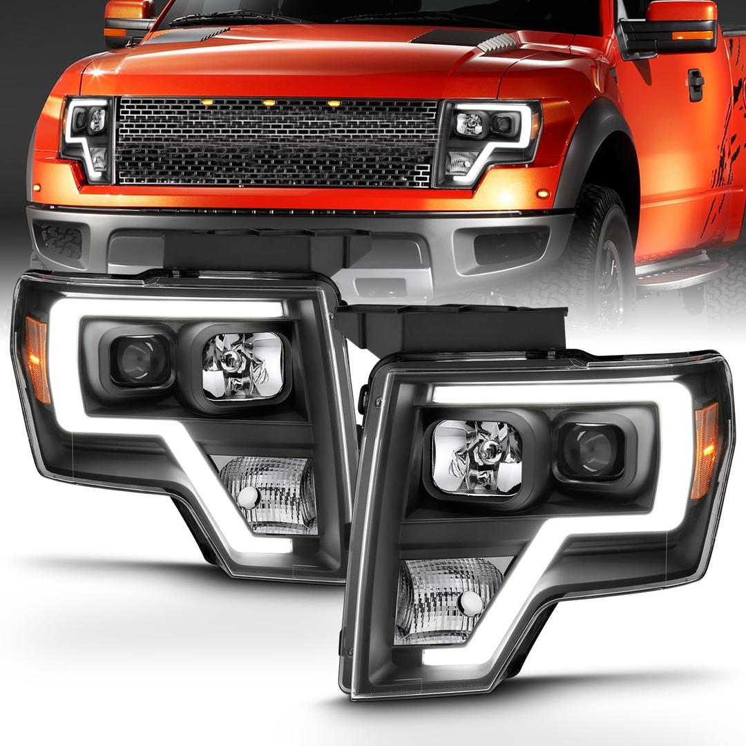 AmeriLite for 2009-2014 Ford F150 Truck LED Bar Square Projector Halogen Black Headlights Set High/Low Beam Bulb Included - Driver and Passenger Side