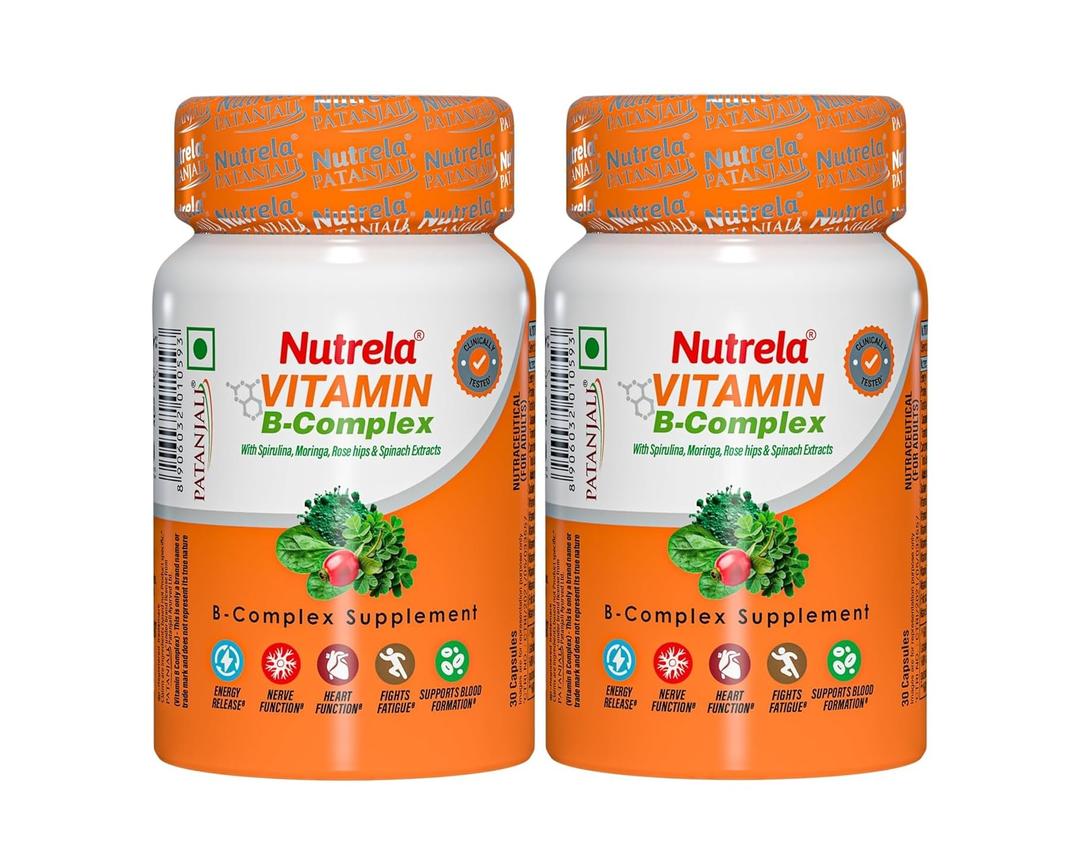 Nutrela B Complex with B1, B2, B3, B5, B6, B7, B9, & Vitamin B12 for Men & Women | Vitamins, Moringa and Spirulina for Energy, Gut, Immunity & Brain Health - 30 Veg Capsules (Pack of 2)