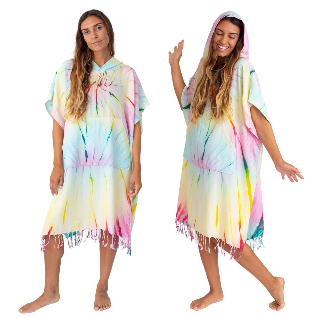 Nova Blue Surf Poncho – Large Changing Towel (33 x 37) – 100% Cotton Hooded Towel Adult for Surf Beach Pool and Swim (Multi tie-dye)