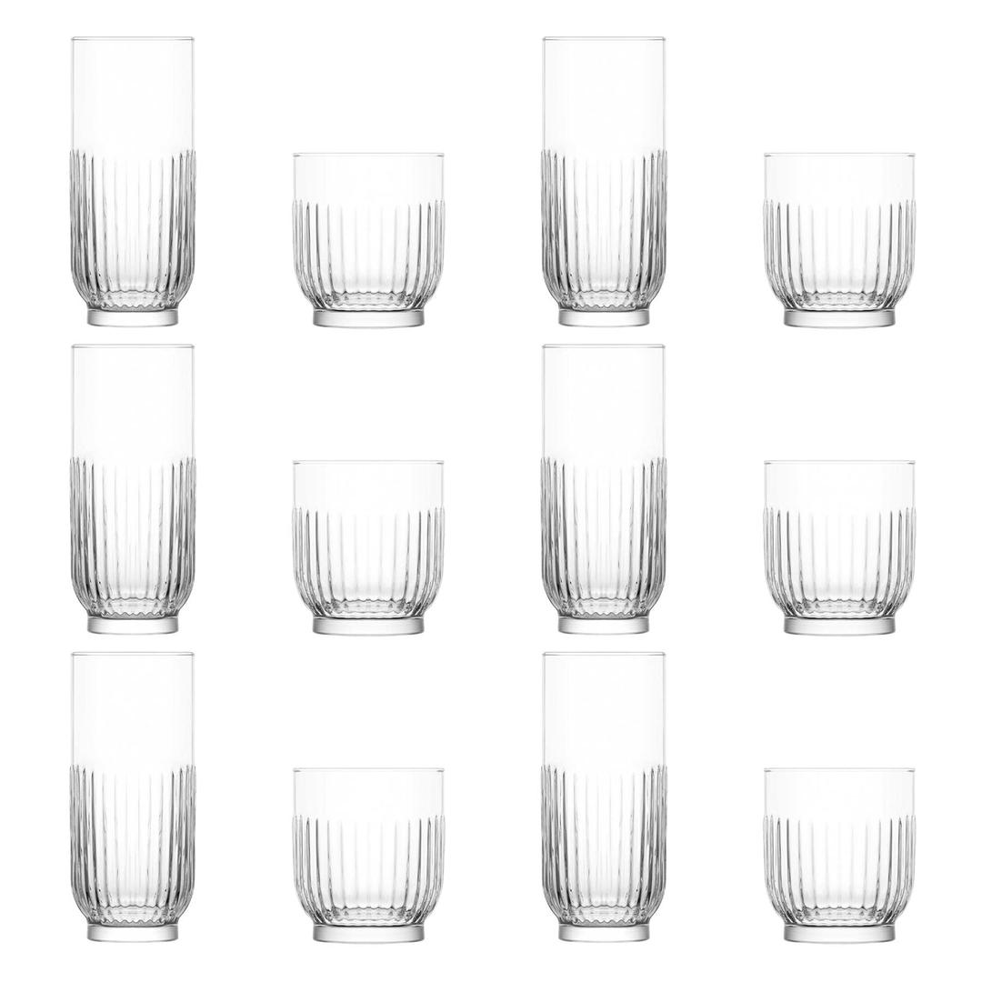 LAV 12pc Clear Tokyo Glassware Set - Mixed Glass Highball Cocktail Gin Glasses and Water Whiskey Drinking Tumblers