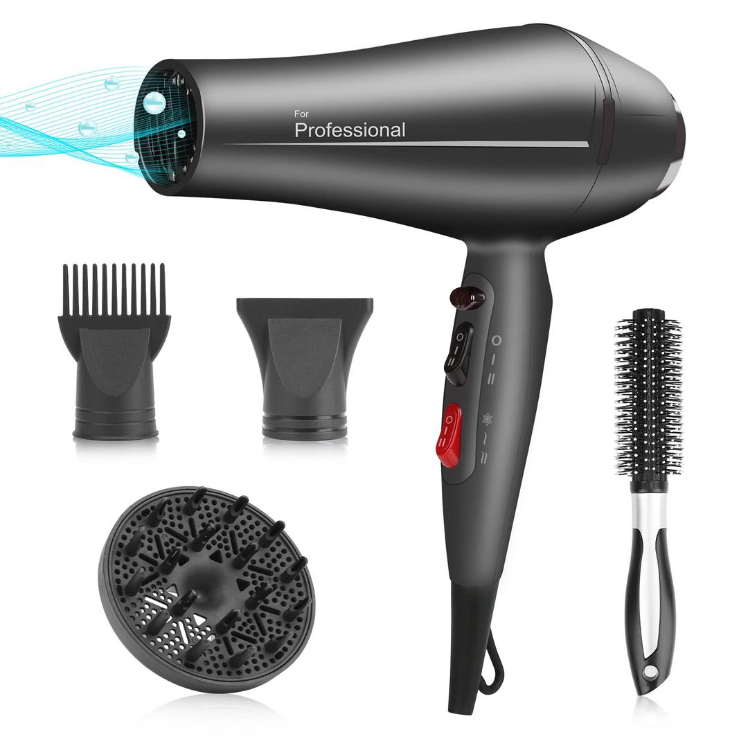 Professional Ionic Hair Dryer - Ultra Fast Salon Blow Dryer AC Motor with Triple-L Plus Heat Resistant Technology, 7 Drying Modes, with Diffuser, Comb Attachments for Women Men Gray