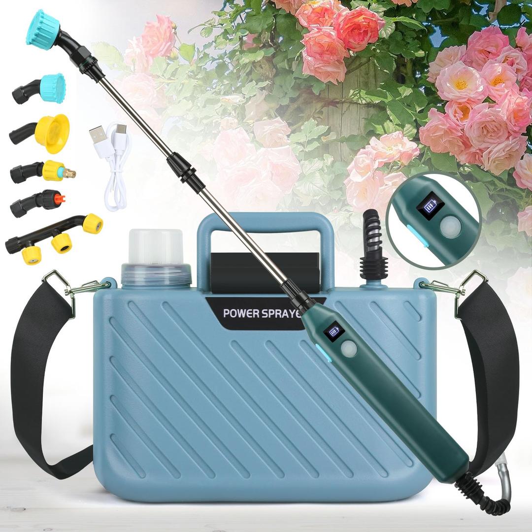 Battery Powered Sprayer 1.35 Gallon, Rechargeable Garden Sprayer with 5 Mist Nozzles, 23.6" Telescopic Wand, Electric Sprayer with Adjustable Shoulder Strap for Lawn, Garden, Yard