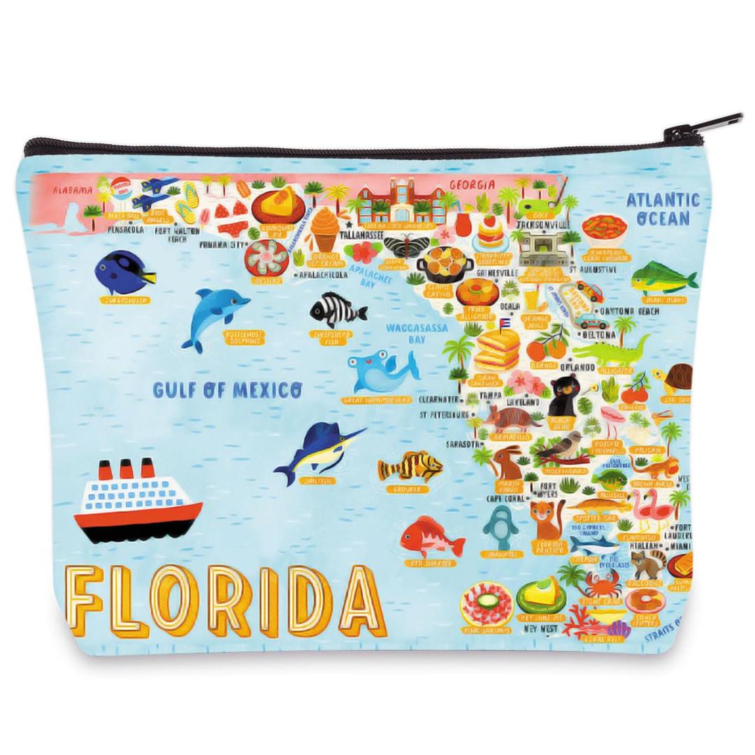 LEVLO Florida State Map Cosmetic Bag Florida Travel Souvenir Gift Florida Traveling Culture Themed Zipper Pouch Bag Florida Long Distance Relationship Gift, FLORIDA, Cosmetic Bag