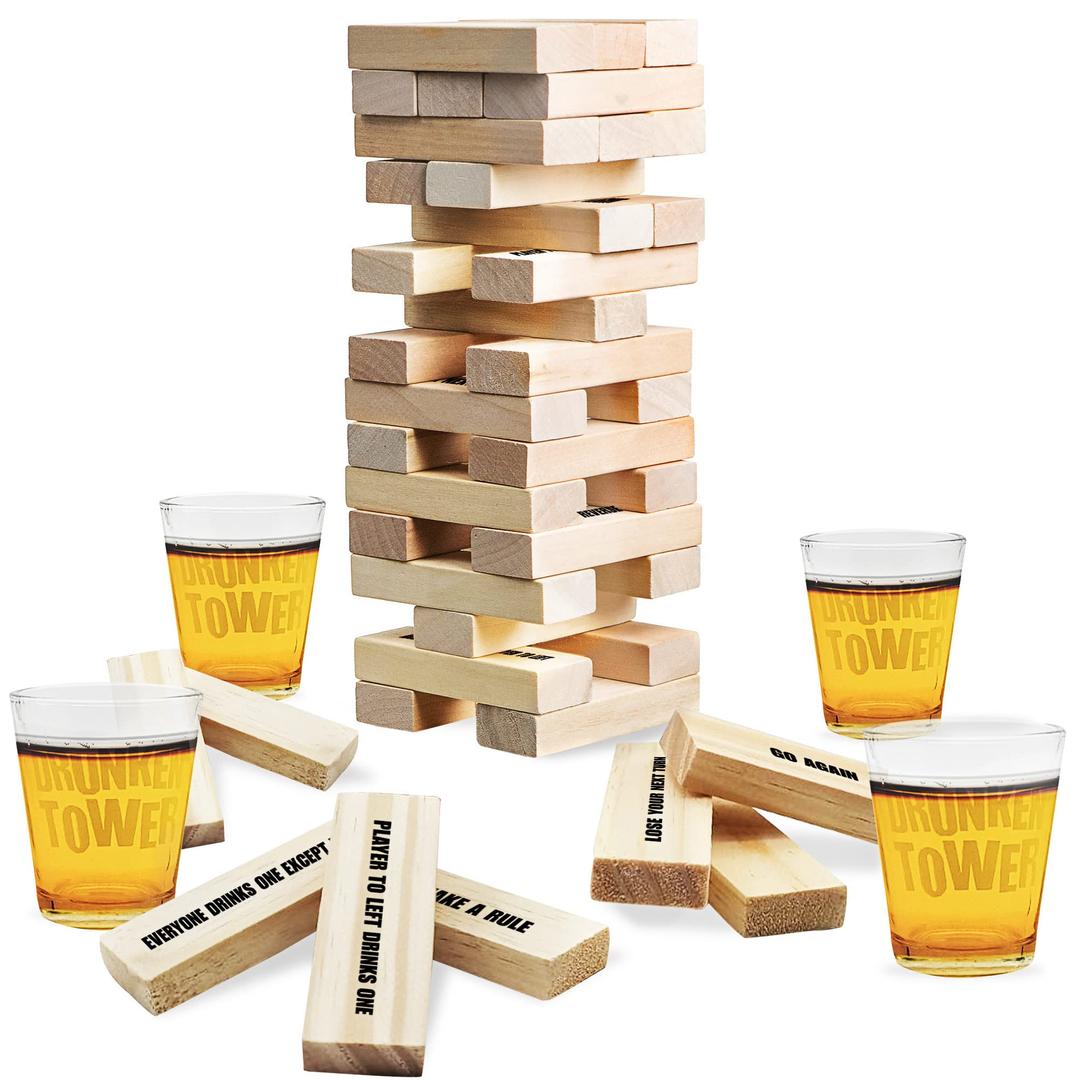 ArtCreativity Tumbling Tower Drinking Game, Drinking Game with 4 Glasses and 60 Wooden Blocks with Challenges, Fun House Party Games for Game Night, Great Gift Idea