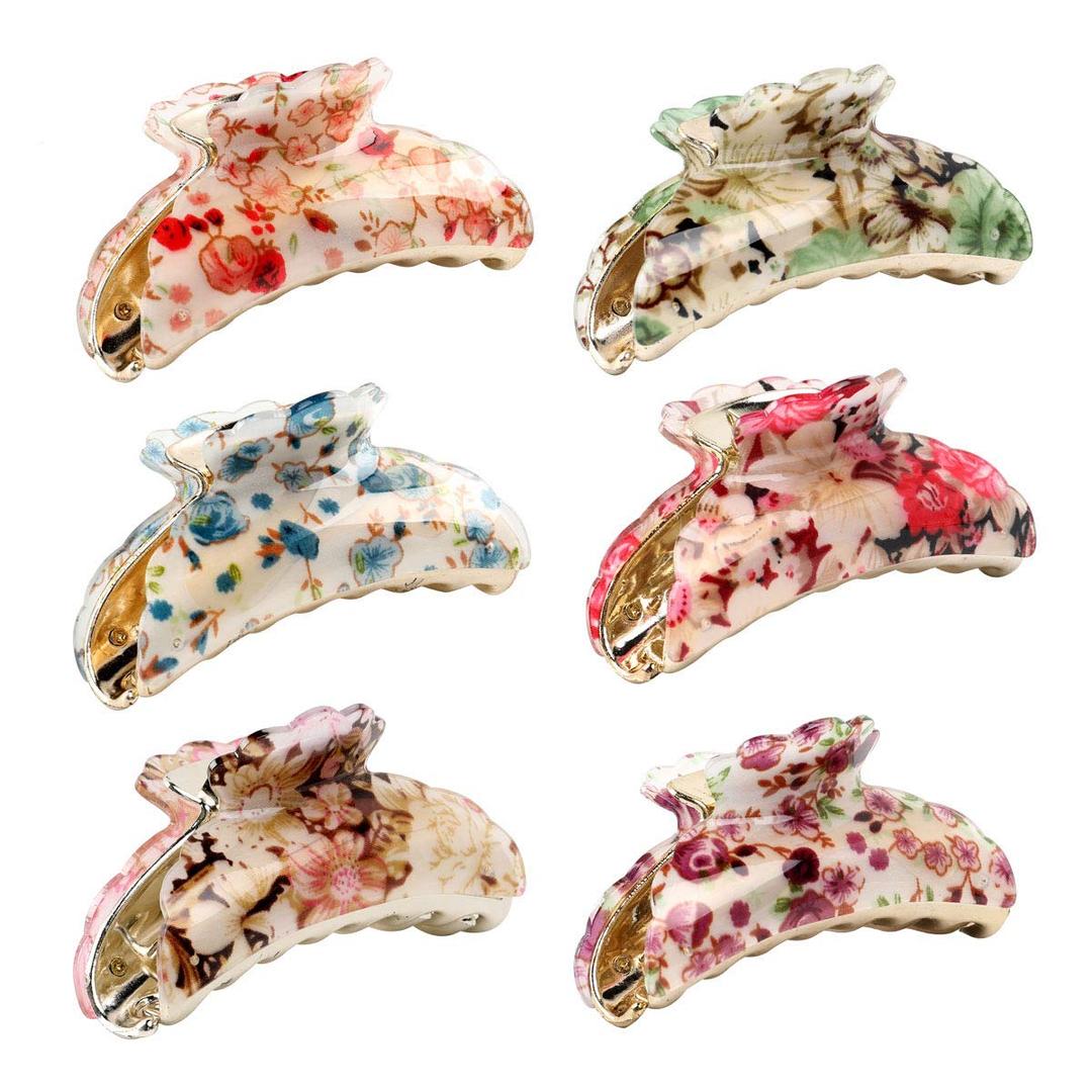 XIAOMEI 6 Pcs Floral Hair Claw Clamp Ladies Butterfly Clip Plastic Hair Clips Women Hair Claw Hair Accessories (Floral)