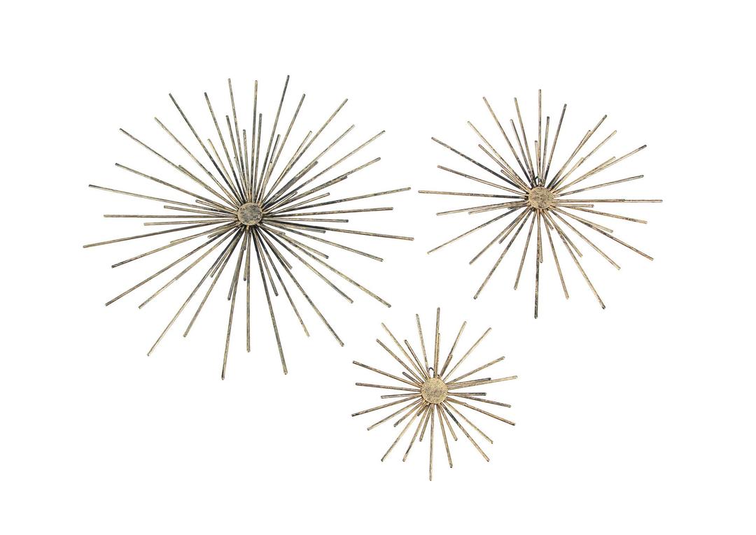 Set of 3 Antique Gold Finish Mid-Century Modern Atomic Star Burst Metal Wall Sculptures MCM Decor