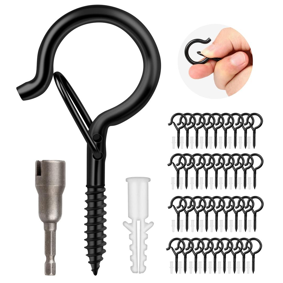 36 PCS Q-Hanger Hooks, Screw Hooks for Outdoor String Lights, Safety Buckle Design Cup Eye Hook for Hanging Christmas Lights, Plants, Wind Chimes, Mounted on Wall Ceiling, Include 1 Wing Nut Driver