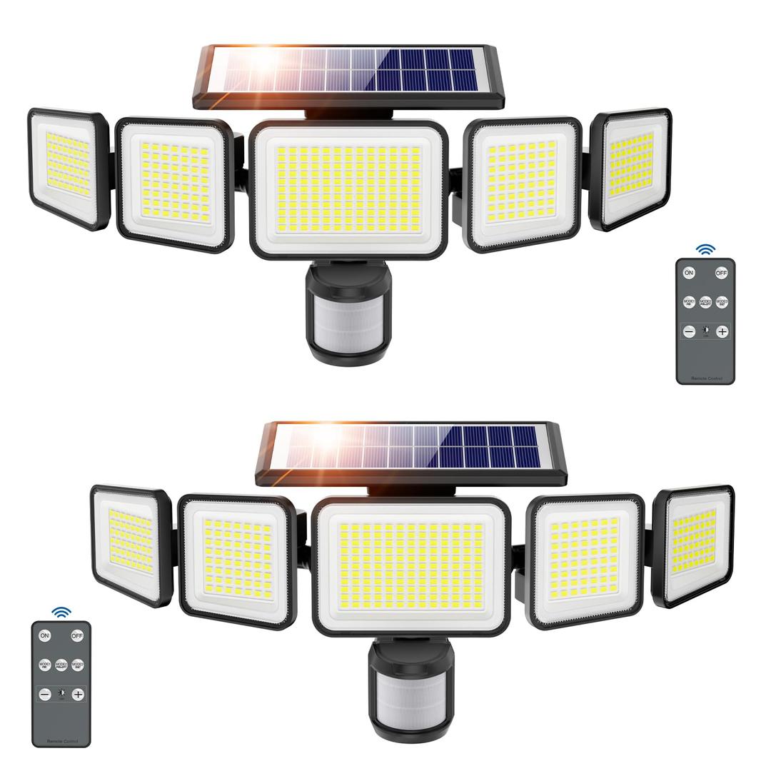 3000LM Solar Lights outdoor, 5 Adjustable Heads Solar Motion Sensor Lights,318 LED, 3 Brightness Mode, Waterproof Solar Security Wall Lights, Remote Control Flood Lights for Graden, Backyard, 2 Pack