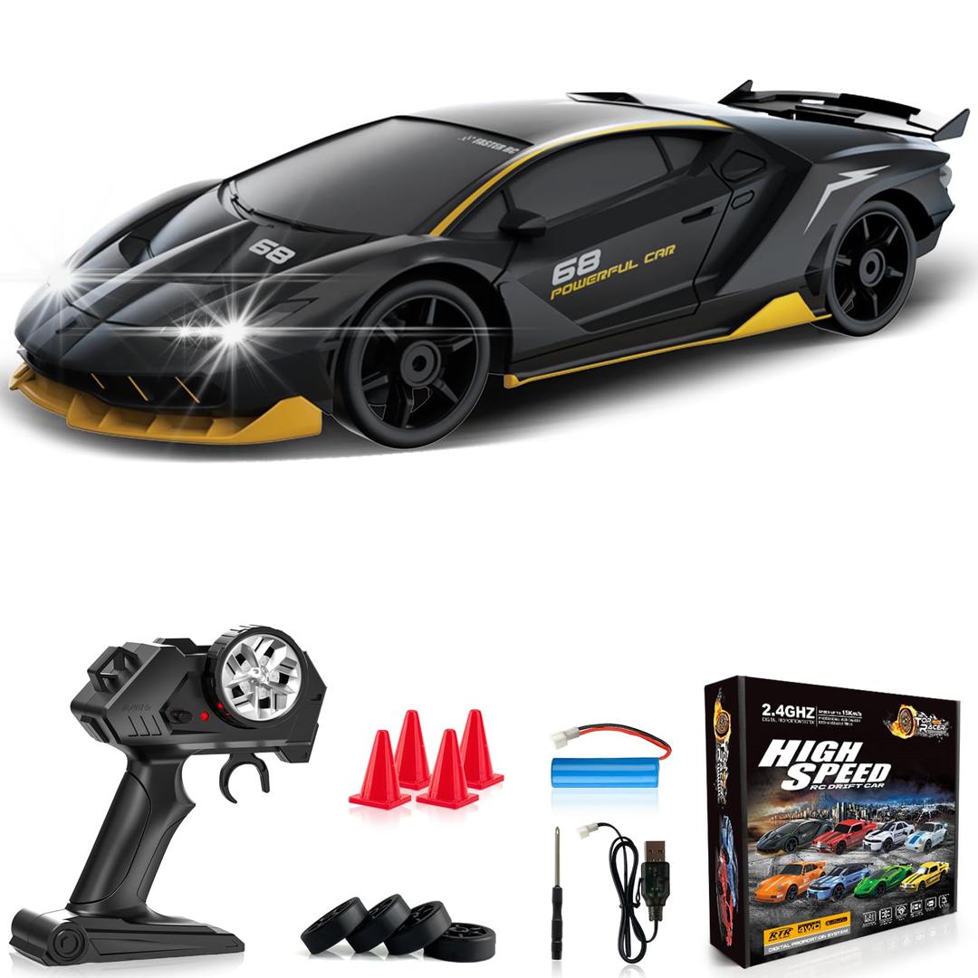 RC Drift Car 1:24 Remote Control Car 4WD 15KM/H High Speed Racing Sport Car with LED Lights RC Cars Toy Cars for Kids Boys Girls Adults Gifts Birthday Christmas Rechargeable Batteries