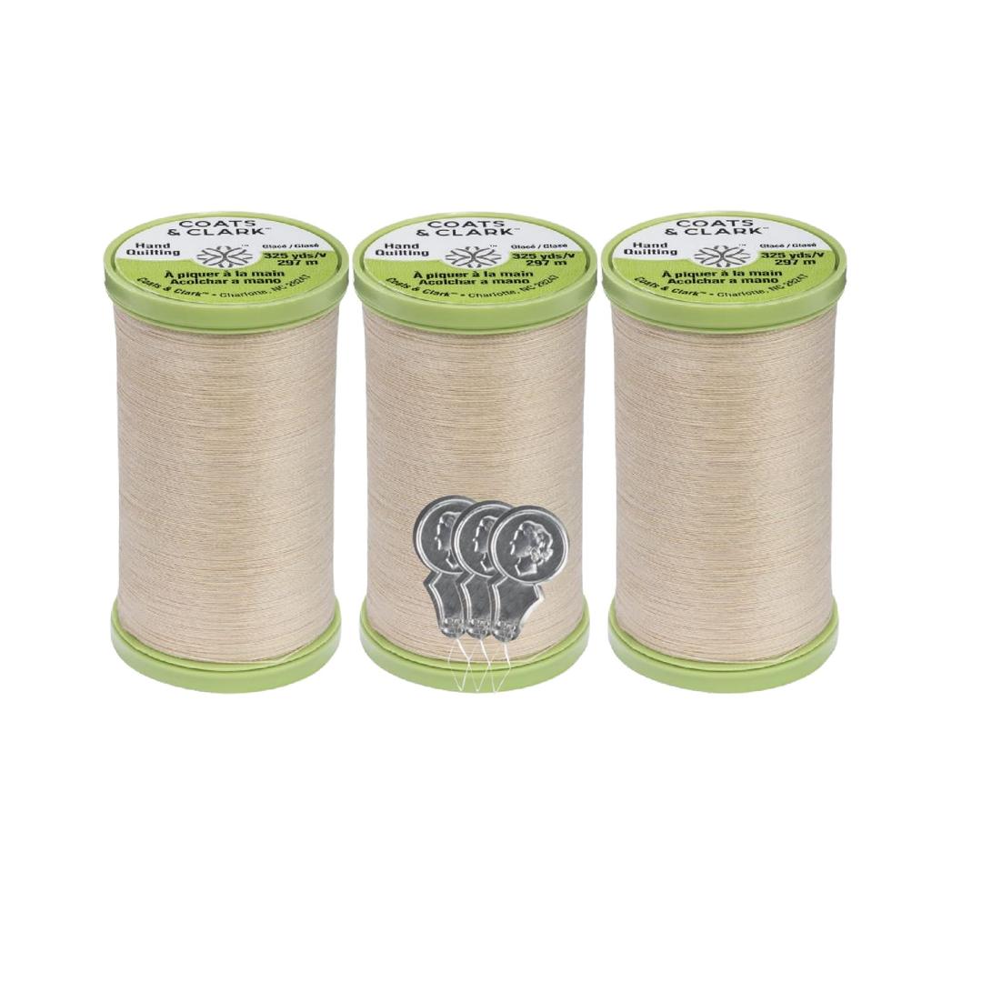 Coats & Clark Hand Quilting Thread - Cotton Covered Polyester -325 Yards - S960-3 Pack Bundle with 3 Bella's Crafts Needle Threaders (Ecru)