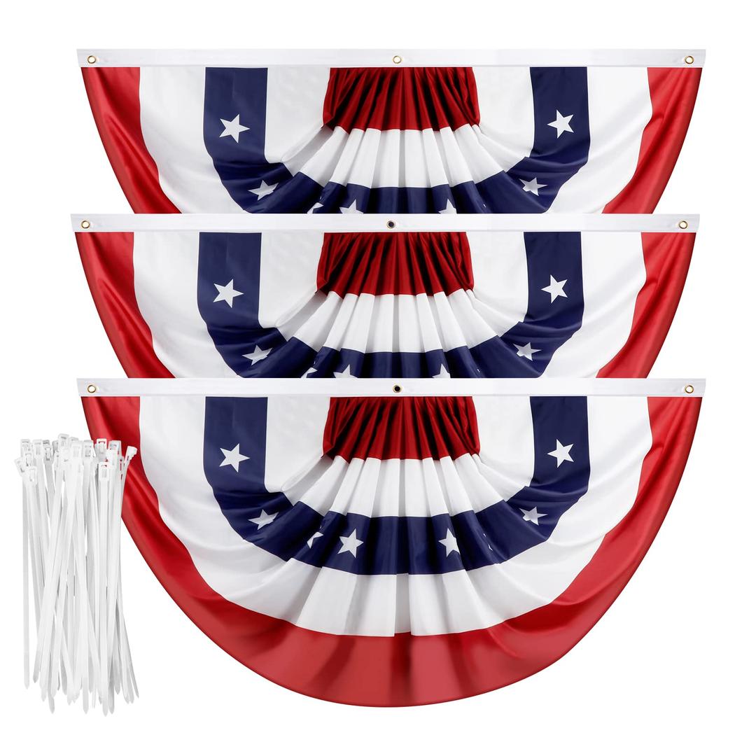 USA Pleated Fan Flag, 1.5x3 Feet American US Bunting Flag Patriotic Half Fan Banner Flag for 4th of July Memorial Day Indoor Outdoor Decoration, with Brass Grommets and Zip Ties (1.5x3.0 Feet, 3 Pack)