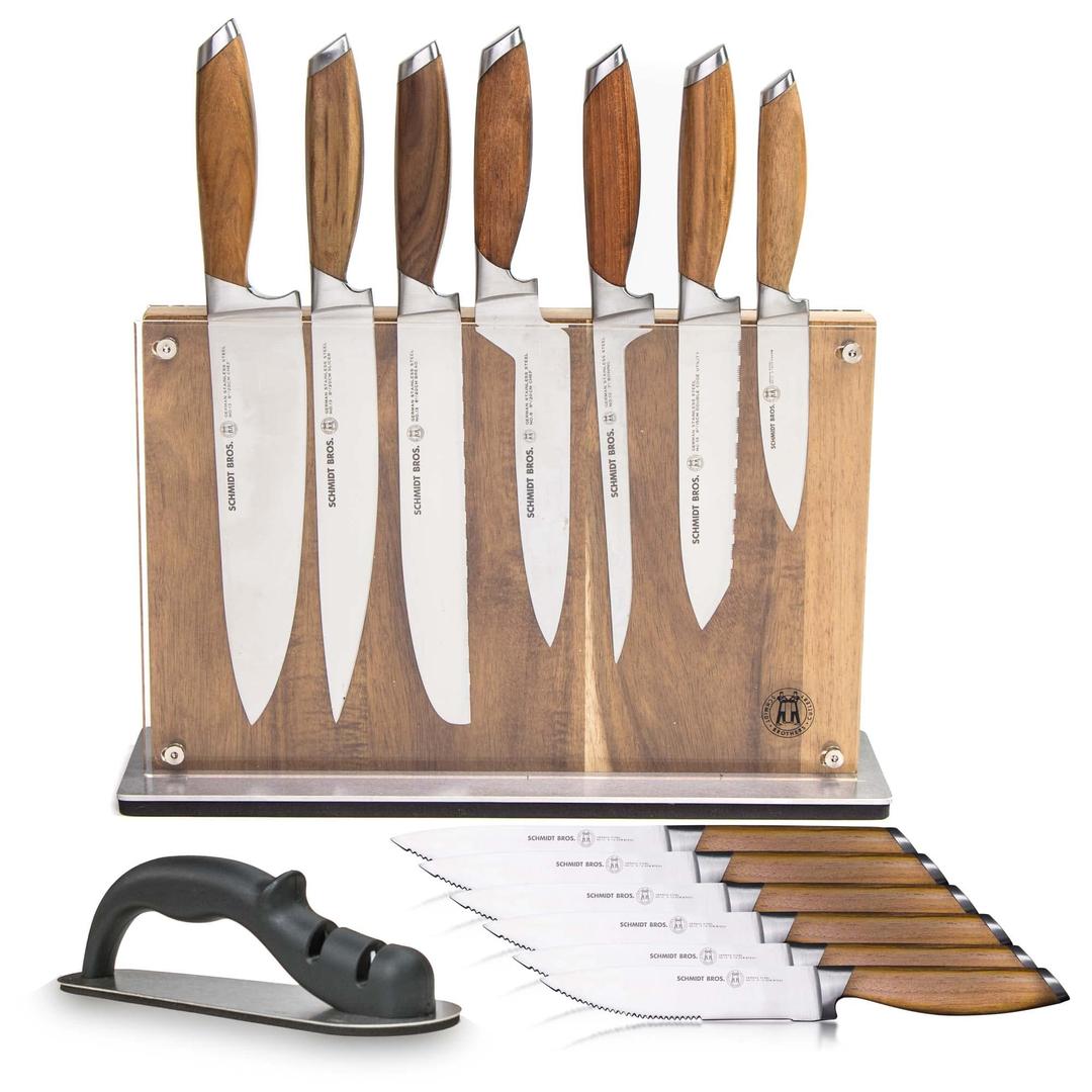 Schmidt Brothers - Bonded Teak, 15-Piece Knife Set, High-Carbon Stainless Steel Cutlery with Acacia and Acrylic Magnetic Knife Block and Knife Sharpener