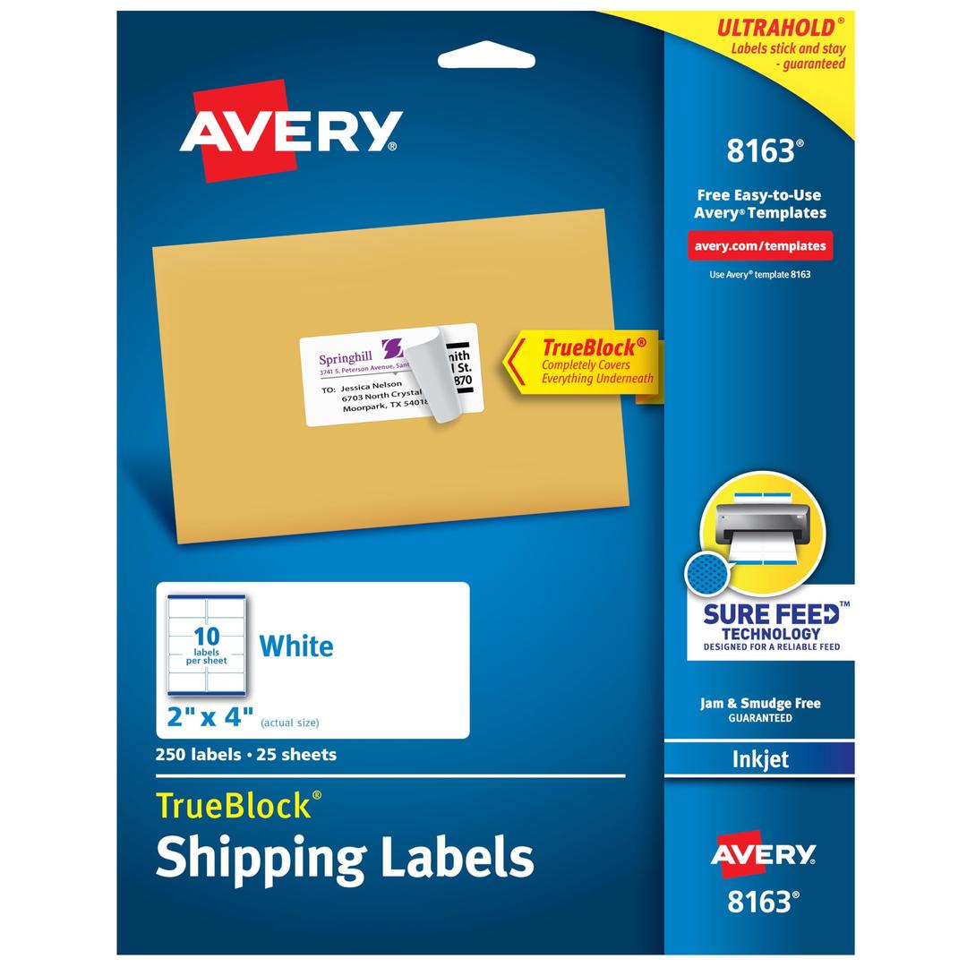 AVERYPrintable Shipping Labels with Sure Feed, 2" x 4", White, 250 Blank Mailing Labels (8163)