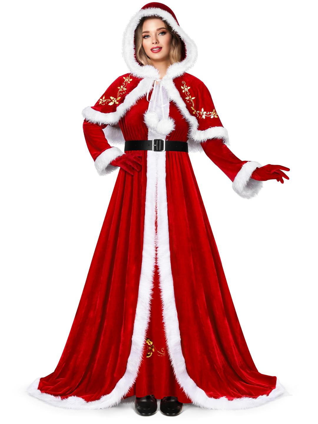 AOTHSO4 Pieces Women Christmas Deluxe Mrs. Claus Costume Set Velvet Dress Hooded Cloak Cape Gloves Belt for Cosplay Party