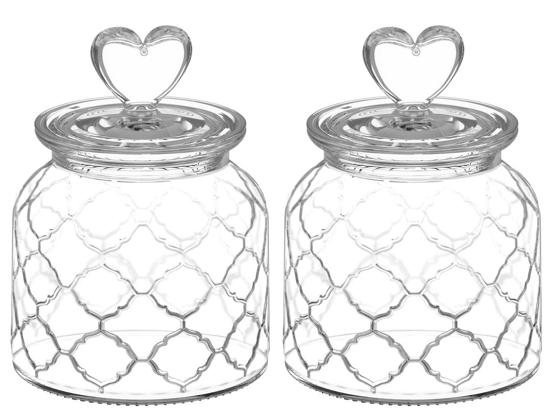 22 oz Clear Glass Canister with Cute Heart shaped Lids Set, Food Storage Glass Jars with Airtight Lids for Kitchen and Dining Room, Grid/Set of 2