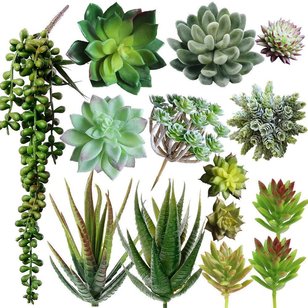 Supla 14 Pcs Unpotted Artificial Succulents Plants Bulk Assorted Faux Succulents in Different Green Hanging String of Pearls Cactus Aloe Succulent Picks for Wedding Centerpieces Floral Arrangement