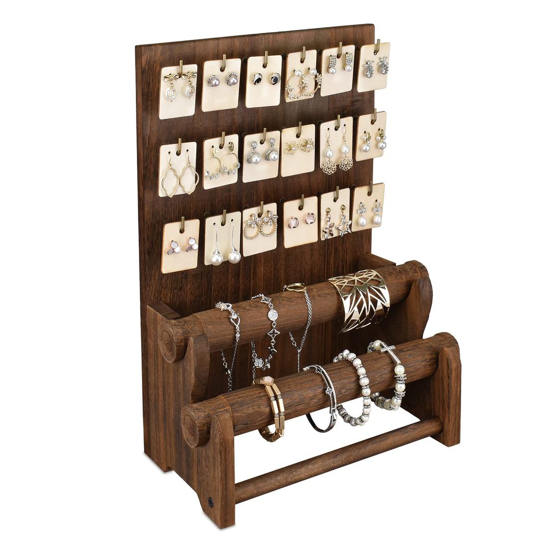 Ikee DesignIkee Design Wood Jewelry Holder Organizer Stand, Earring Bracelet Jewelry Display Stands, Jewelry Organizer with 18 Hooks and Removable Holders, Necklace Organizer, Bracelet Holder, Brown Color