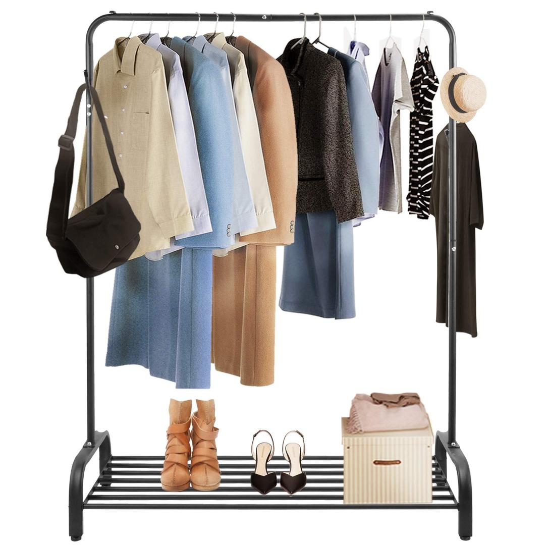 VoilamartHeavy Duty Metal Clothes Rail Stand with Lower Storage Shelf for Shoes Boxes Free Standing Garment Stand Clothing Rail Coat Rack with Hooks for Bags